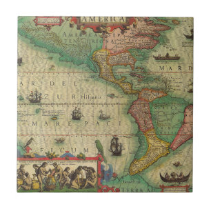 Carreau Carte antique du monde des Amériques par Hondius