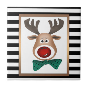 Carreau Carte de cerf de Noël rayé noir blanc célébrer
