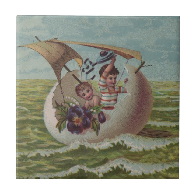 Carreau Carte de Pâques Antique OEufs de voile Enfants (Devant)