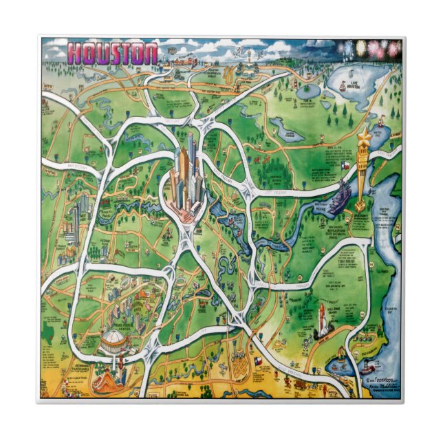 Carreau Carte du dessin animé de Houston au Texas (Devant)