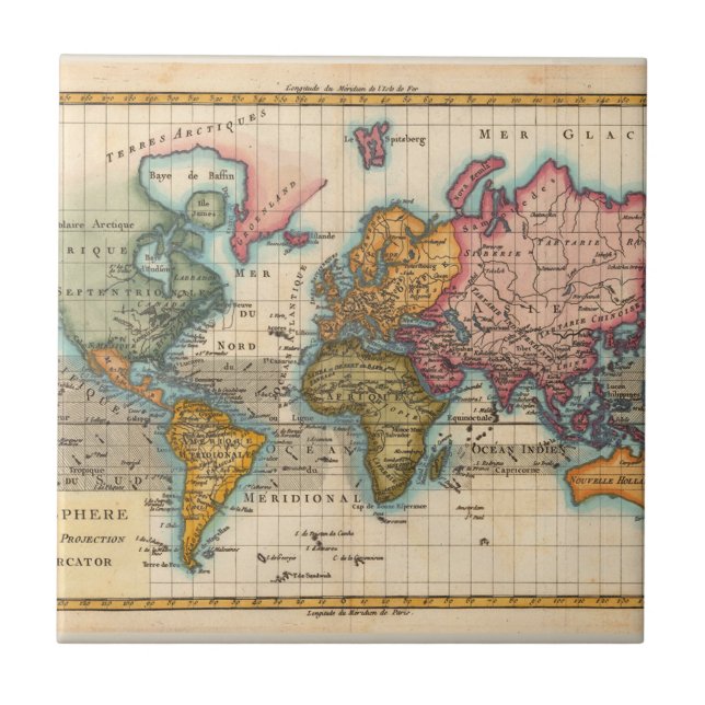 Carreau Carte du monde 1700s Antique Continents (Devant)