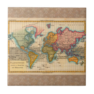 Carreau Carte du Monde 1780 Bonne Antique Planisphère