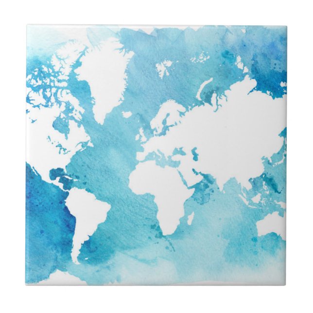 Carreau Carte du monde dans des bleus d'aquarelle (Devant)