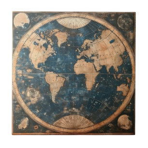 Carreau Carte du monde vintage bleu et or double hémisphèr