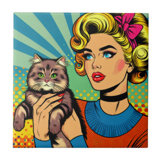 Carreau Cartoon Comic Pop Art Femmes tenant un chat