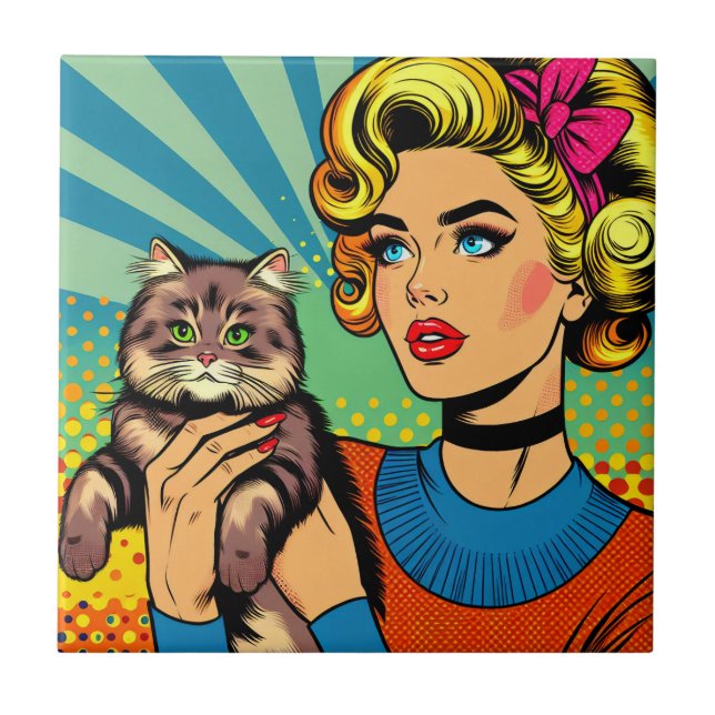 Carreau Cartoon Comic Pop Art Femmes tenant un chat (Devant)