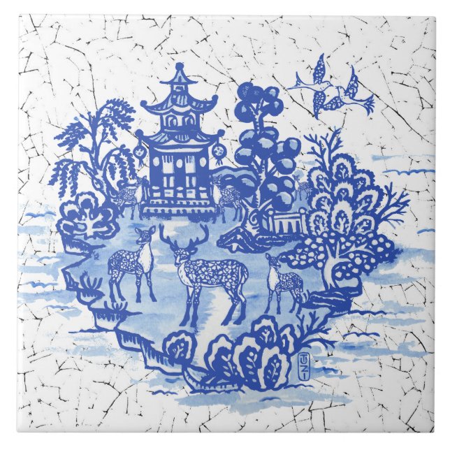 Carreau Casserole de cerfs de saule bleu Pagode antique Ph (Devant)