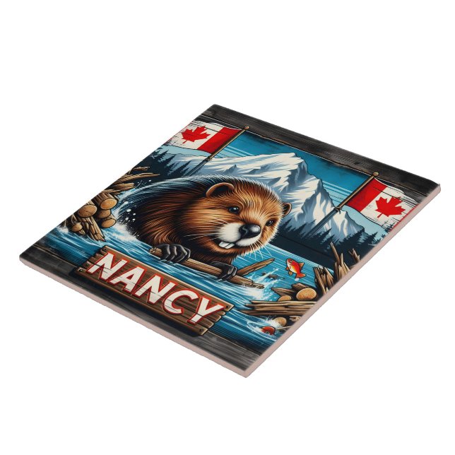 Carreau Castor avec bâton par drapeaux canadiens (Côté)