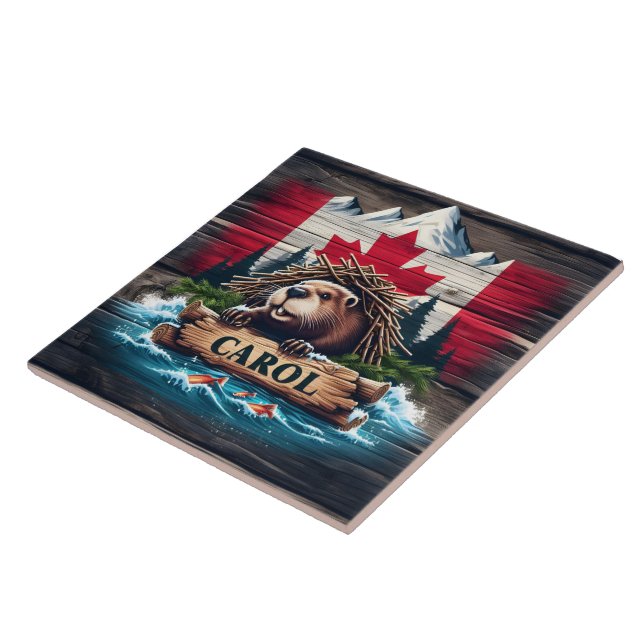 Carreau Castor canadien avec Arrière - plan du drapeau can (Côté)