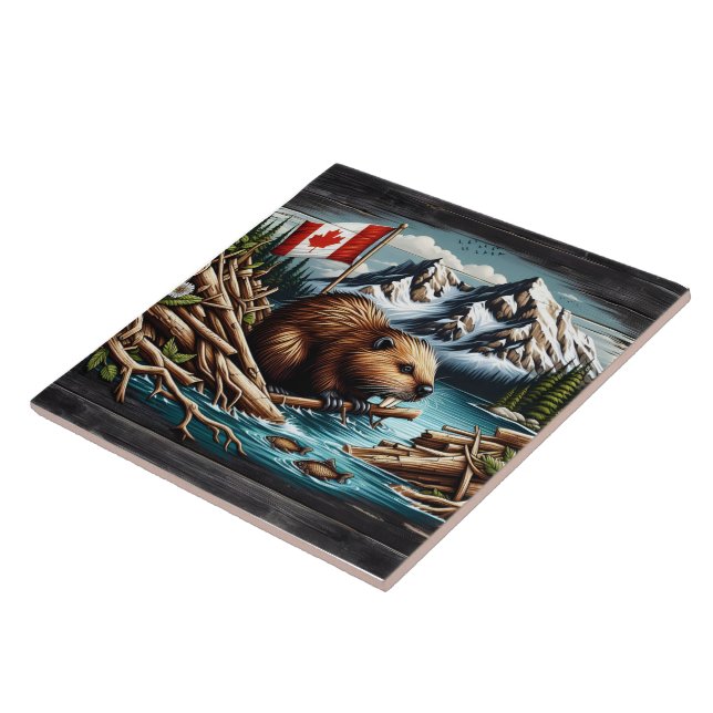Carreau Castor canadien avec drapeau de Mountain River (Côté)