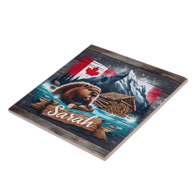 Carreau Castor canadien dans l'eau avec des billes près de (Côté)