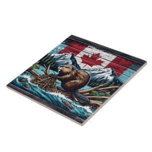 Carreau Castor canadien par le drapeau et les montagnes