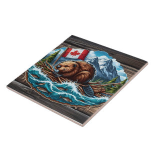 Carreau Castor sur le radeau avec drapeau dans la rivière