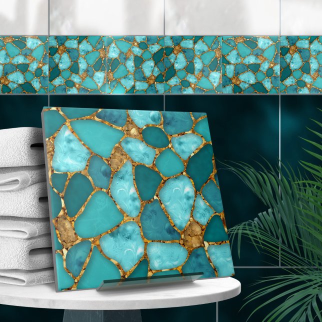 Carreau Cellules de galets abstraites Aqua et Gold N2 (Créateur téléchargé)