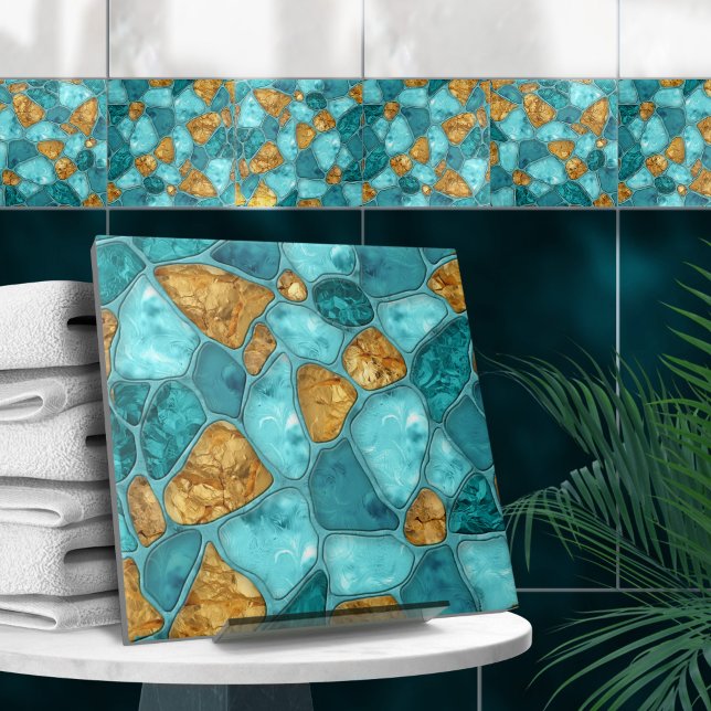 Carreau Cellules de galets abstraites Aqua et Gold N4 (Créateur téléchargé)