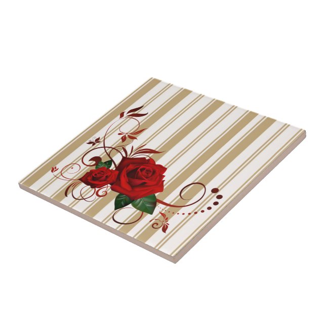 Carreau Ceramic Tile Stripe Beige & White Stripe Red Rose  (Côté)