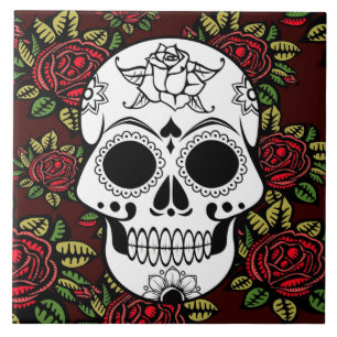 Carreau céramique Retro art rouge roses sucre crâne