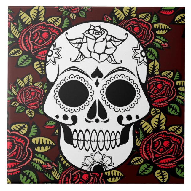 Carreau céramique Retro art rouge roses sucre crâne (Devant)