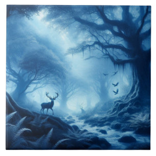 Carreau Cerf dans la forêt noire de la brume bleue