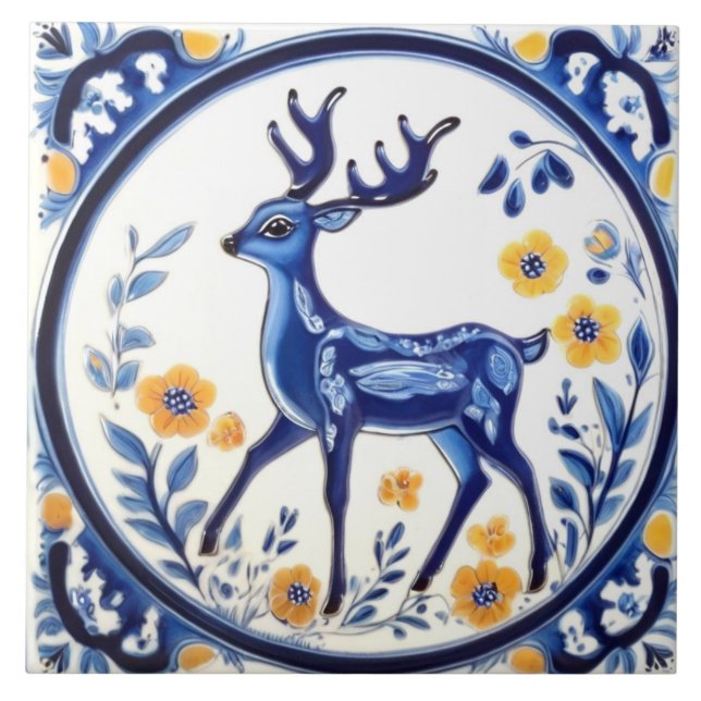 Carreau Cerf floral Bleu et blanc Bois Folk Art animal (Devant)