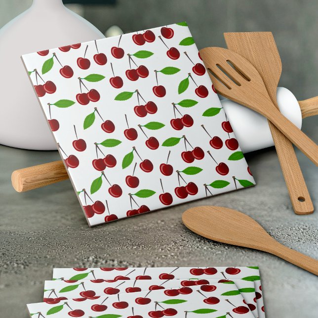 Carreau Cerise Rouge, Motif De Cerises, Feuilles, Fruits (Créateur téléchargé)