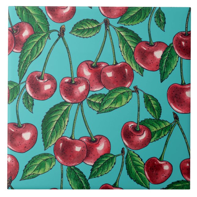 Carreau Cerises rouges sur turquoise (Devant)