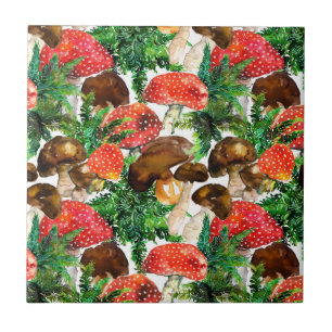 Carreau Champignons d'aquarelle et motif de fougères verte