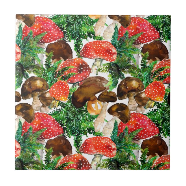 Carreau Champignons d'aquarelle et motif de fougères verte (Devant)