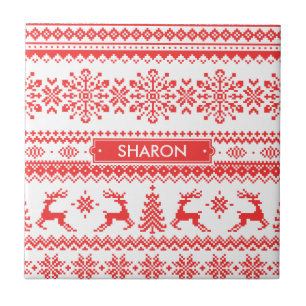 Carreau Chandail de Noël rouge brun motif monogramme