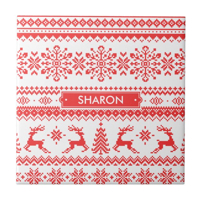 Carreau Chandail de Noël rouge brun motif monogramme (Devant)