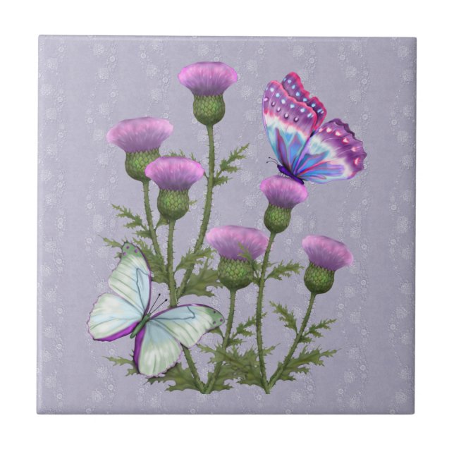 Carreau Chardons et papillons sur Mauve (Devant)