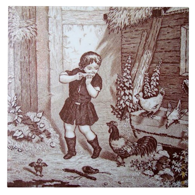 Carreau Charmante ferme de tuiles Sepia Boy et poulets (Devant)