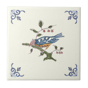 Carreau Charming Repro Delft Bird sur Branche avec Berries