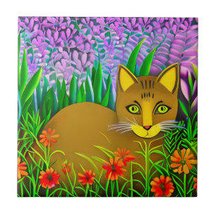 Carreau Chat à l'oeil vert dans un jardin fleuri