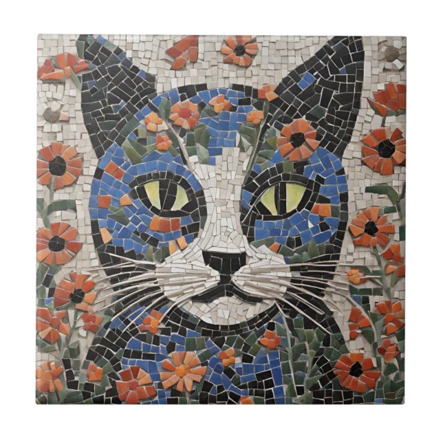 Carreau Chat Abstrait en mosaïque avec fleurs (Devant)