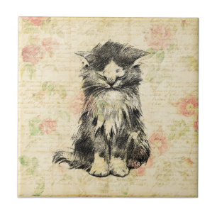 Carreau Chat antique à chaton cuite au design floral