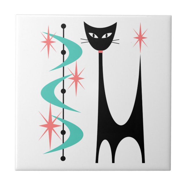 Carreau Chat atomique du milieu du siècle avec tuile Aqua  (Devant)