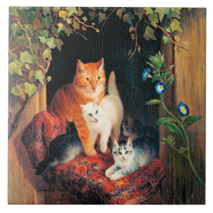 Carreau Chat avec chatons, peinture d'art,