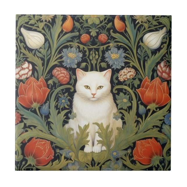Carreau Chat blanc Art nouveau dans le jardin (Devant)