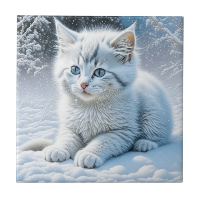 Carreau Chat blanc mignon jouant dans la neige (Devant)