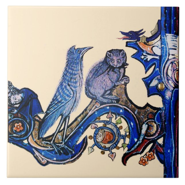 CARREAU CHAT BLEU BESTIAIRE MÉDIÉVAL WEIRD ET OISEAU DE CU (Devant)