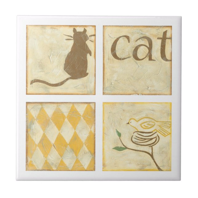 Carreau Chat Brown et oiseau jaune par Chariklia Zarris (Devant)