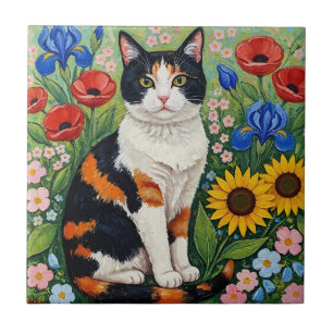 Carreau Chat calicot et tournesols d'art populaire