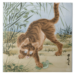 Carreau Chat Capturant Une Grenouille