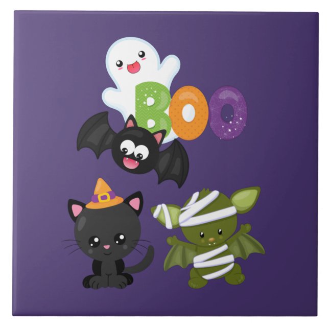 Carreau Chat de Cute Halloween, bat, mummy et ghost (Devant)