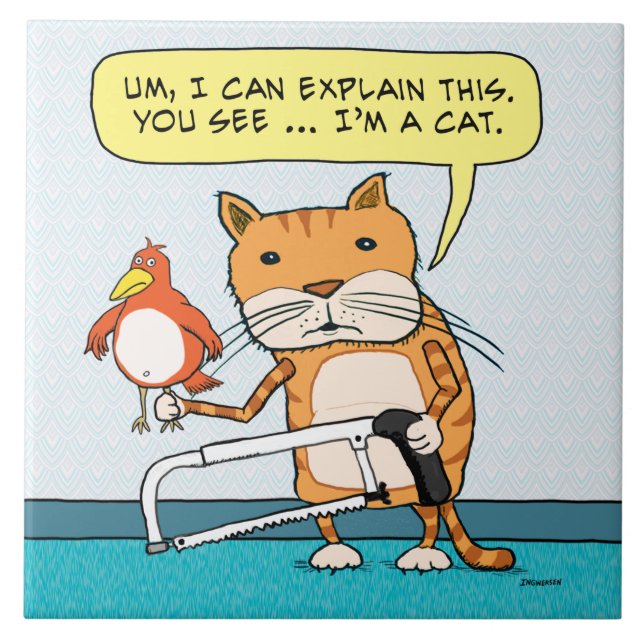 Carreau Chat drôle avec l'oiseau et la scie à métaux (Devant)