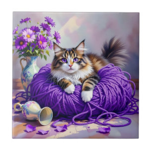 Carreau Chat en fil violet et fleurs  