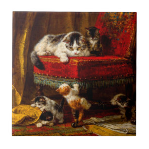 Carreau Chat et chatons Jouer avec chaise