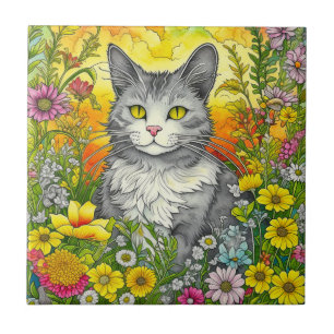 Carreau Chat et Fleurs Whimsical
