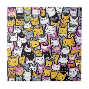 Carreau Chat face motif doodprint féline kitties fun